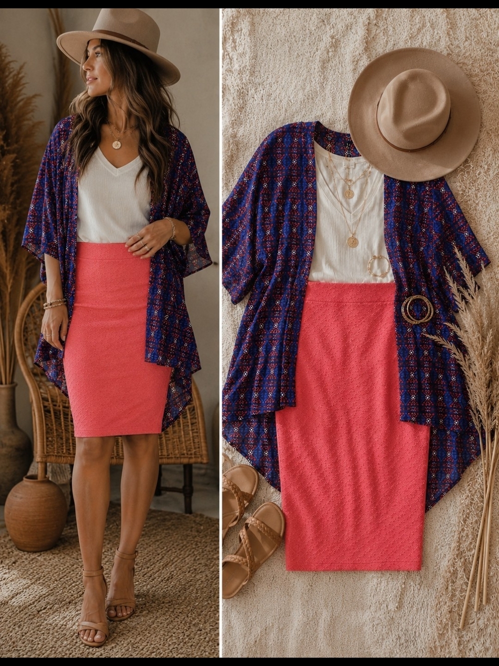 Boho Outfit BRAND NEW W/ TAGS, Lindsey Kimono, Coral Cassie Pencil Skirt, Size M